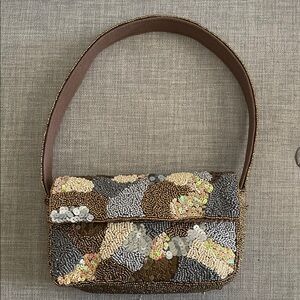 Beaded Sequin Patchwork Shoulder Bag - Brown Multi